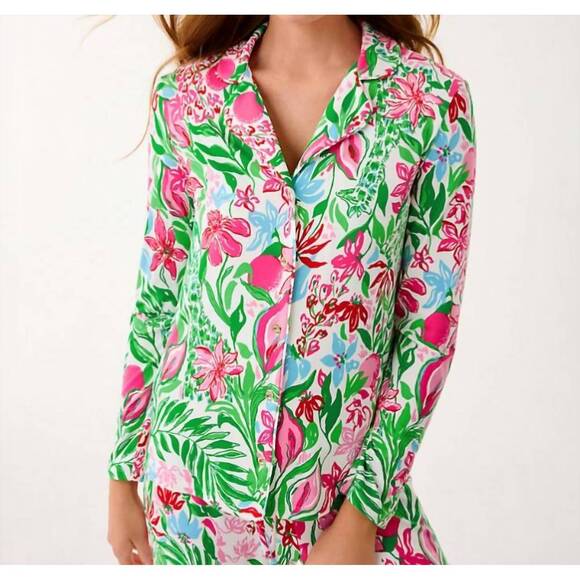 NEW LILLY PULITZER knit long sleeve button-up pajama top in glowing gardens - Picture 4 of 6